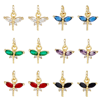 12PCS 6Colors Brass Micro Pave Cubic Zirconia Charms, Real 18K Gold Plated, Cadmium Free & Lead Free, Autumn Pendants, Dragonfly, Mixed Color, 10x10.5x3mm, Hole: 3.8mm, 2pcs/color