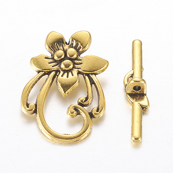 Tibetan Style Toggle Clasps, Antique Golden, Lead Free, Cadmium Free and Nickel Free, made of zinc alloyl, Flower, Size: Flower: 20mm wide, 28mm long, Bar: 5mm wide, 30mm long, hole: 2mm