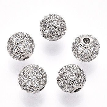 Rack Plating Brass Cubic Zirconia Beads, Long-Lasting Plated, Round, Platinum, 8x7mm, Hole: 2mm