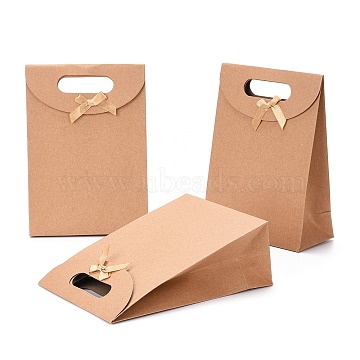 Kraft Paper Gift Bags with Ribbon Bowknot Design, Brown Paper Bag, for Party, Birthday, Wedding and Party Celebrations, Rectangle, BurlyWood, 19.5x13.8x7.1cm(CARB-WH0009-05B)