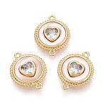 Brass Pave Clear Cubic Zirconia with Shell Connector Charms, Flat Round with Heart Links, Real 18K Gold Plated, 18x14x4mm, Hole: 1.2mm(KK-N287-15G-01)