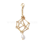 Brass Macrame Pouch Empty Stone Holder Pendant Decoration, with 304 Stainless Steel Clasps and Natural Cultured Freshwater Pearl, Golden, 78mm(HJEW-JM01286)