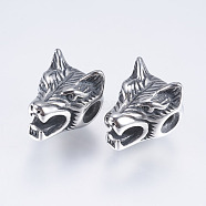 316 Surgical Stainless Steel Beads, Wolf, Antique Silver, 12x11x14mm, Hole: 2mm(STAS-I072-051AS)