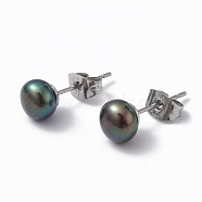 Natural Pearl Ear Studs, 304 Stainless Steel Pin Ear Stud for Women, Round, Dark Slate Blue, 16.5~17x7mm, Pin: 0.7mm(EJEW-P223-01C-P01)