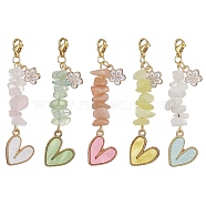 Heart Acrylic & Natural Gemstone Chips Beaded Pendant Decoration, with Alloy Enamel Flower Charms and 304 Stainless Steel Lobster Claw Clasps, 64mm(HJEW-JM01204)