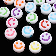 Opaque Craft Acrylic Beads, Flat Round with Smiling Face, Mixed Color, 7x3.5mm, Hole: 1.5mm, about 3637pcs/500g(MACR-S369-003B-01)