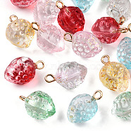 Transparent Spray Painted Glass Pendants, with Golden Plated Iron Bails and Gold Foil, Strawberry, Mixed Color, 17x11.5x11mm, Hole: 1.8mm(GLAA-CJC0014-01)