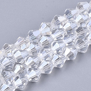 Electroplate Glass Beads Strands, Pearl Luster Plated, Faceted, Bicone, Clear, 6x5.5~6mm, Hole: 1mm, about 44~47pcs/strand, 11.02 inch(X-EGLA-Q118-6mm-A15)