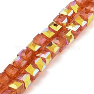 Baking Painted Glass Beads Strands, Imitation Opalite, Faceted, AB Color Plated, Cube, Dark Salmon, 6.5x6.5x6mm, Hole: 1.2mm, about 95pcs/strand, 22.83~23.03''(58~58.5cm)(DGLA-D001-05D)