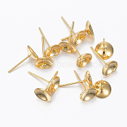 304 Stainless Steel Stud Earring Settings, Real 24K Gold Plated, 14x8mm, Tray: 7.5mm, Pin: 0.8mm(STAS-H558-12G)