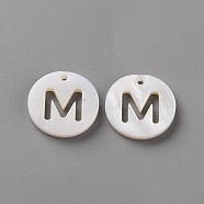 Natural Freshwater Shell Pendants, Flat Round with Letter, Letter.M, 12x1.5mm, Hole: 1mm(SHEL-Q311-008M)