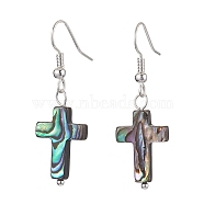 Natural Abalone Shell/Paua Shell Dangle Earring, with Iron Earring Hooks Finding, Silver, Cross, 41x13mm(EJEW-JE05916-03)