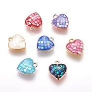 Brass Enamel Charms, with Freshwater Shell, Heart, Mixed Color, 12x10x2.5mm, Hole: 1.2mm(KK-E763-09)