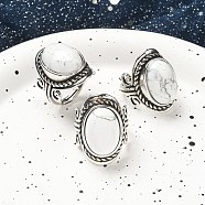 Natural Howlite Adjustable Rings, Lead Free & Cadmium Free, Antique Silver Plated Brass Finger Rings for Women, Oval, 27mm, Inner Diameter: 17mm(RJEW-I108-01AS-01)