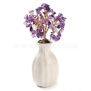 Natural Amethyst Chips Money Tree Decorations, Porcelain Vase Base with Copper Wire Feng Shui Energy Stone Gift for Home Office Desktop Decoration, 48~62x140mm(DJEW-C016-01B)