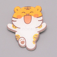 Tiger Laughing Chinese Zodiac Acrylic Brooch, Lapel Pin for Chinese Tiger New Year Gift, White, Orange, 42x35x7mm(JEWB-WH0022-05)