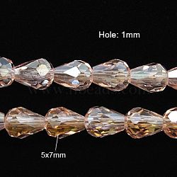 Electroplate Glass Beads Strands, AB Color Plated, Faceted Teardrop, Pink, 7x5mm, about 65~67pcs/strand, 18~18.5 inch(45.5~46.9cm)(EGLA-D015-7x5mm-23)