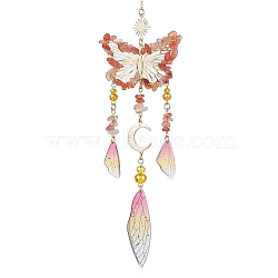 Natural Carnelian and Resin Pendant Decorations, with Alloy Findings, Butterfly, Light Salmon, 275mm(HJEW-TA00134-03)