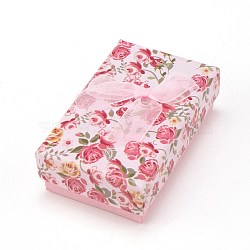 Flower Pattern Cardboard Jewelry Packaging Box, 2 Slot, For Ring Earrings, with Ribbon Bowknot and Black Sponge, Rectangle, Pink, 8x5x2.6cm(CBOX-L007-003D)