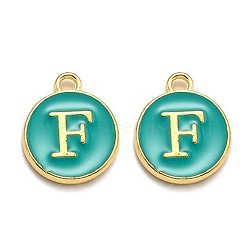 Golden Plated Alloy Enamel Charms, Enamelled Sequins, Flat Round with Alphabet, Letter.F, Green, 14x12x2mm, Hole: 1.5mm(ENAM-Q437-15F)