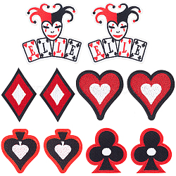 10Pcs 5 Style Playing Card Theme Embroidered Polyester Cloth Patches, Applique Patch, Sewing Craft Decoration, Mixed Color, 50~77x45~76x1~2mm, 2pcs/style(PATC-FG0001-43)