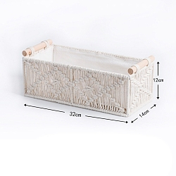 Handmade Woven Cotton Macrame Storage Basket, with Wooden Bar, Rectangle Storage Box, White, 320x120x140mm(PW-WG22327-01)