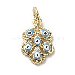 Brass Enamel Pendants, with Jump Ring, Real 18K Gold Plated, Leaf with Evil Eye Charm, Steel Blue, 17x11.5x3.2mm, Hole: 3.8mm(KK-E092-21G-03)