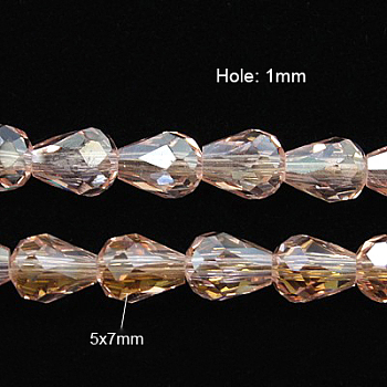 Electroplate Glass Beads Strands, AB Color Plated, Faceted Teardrop, Pink, 7x5mm, about 65~67pcs/strand, 18~18.5 inch(45.5~46.9cm)