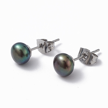Natural Pearl Ear Studs, 304 Stainless Steel Pin Ear Stud for Women, Round, Dark Slate Blue, 16.5~17x7mm, Pin: 0.7mm