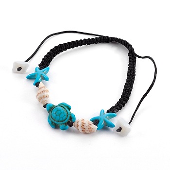 Adjustable Nylon Thread Braided Bead Bracelets, with Synthetic Turquoise(Dyed) Beads and Shell Beads, 2 inch~3-7/8 inch(5.2~10cm)