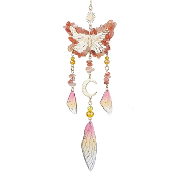 Natural Carnelian and Resin Pendant Decorations, with Alloy Findings, Butterfly, Light Salmon, 275mm