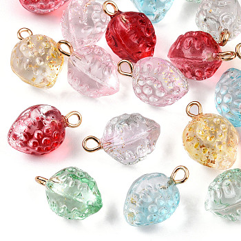 Transparent Spray Painted Glass Pendants, with Golden Plated Iron Bails and Gold Foil, Strawberry, Mixed Color, 17x11.5x11mm, Hole: 1.8mm