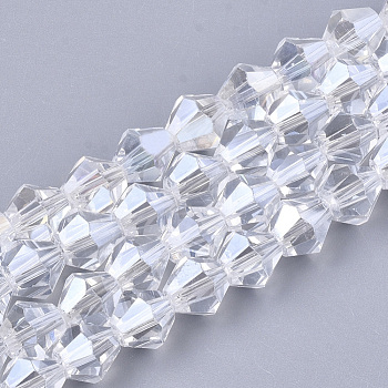 Electroplate Glass Beads Strands, Pearl Luster Plated, Faceted, Bicone, Clear, 6x5.5~6mm, Hole: 1mm, about 44~47pcs/strand, 11.02 inch