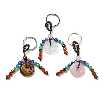 7 Chakra Natural Gemstone Tassel Keychain, Mixed Stone Donut Reiki Healing Keychain, with Platinum Tone Iron Ring, 9.5~10.2cm