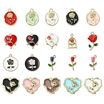 20Pcs 20 Styles Alloy Enamel Pendants, Mixed Shapes with Rose Charm, Mixed Color, 18~23.5x9~21x2.5~4mm, Hole: 1.5~1.8mm, 1pc/style