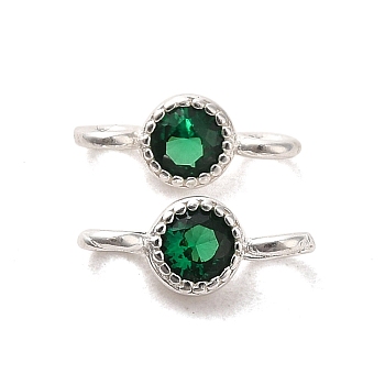 925 Sterling Silver Pave Cubic Zirconia Connector Charms, Half Round Links with 925 Stamp, Silver Color Plated, Sea Green, 8.5x3.5x2.5mm, Hole: 1.5mm