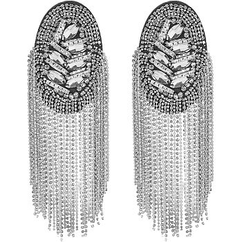 2Pcs Detachable Iron Tassel Epaulettes, Retro Rhinestone Shoulder Badges, with Cloth Findings & Pin, Platinum, 185x54x14.5mm