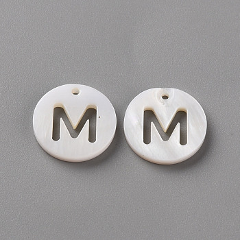 Natural Freshwater Shell Pendants, Flat Round with Letter, Letter.M, 12x1.5mm, Hole: 1mm