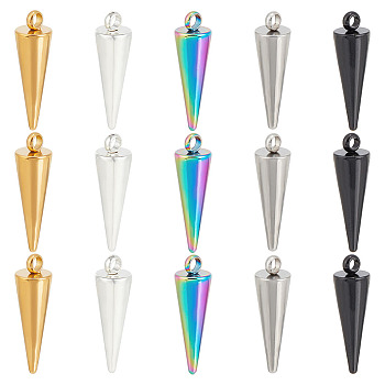 25Pcs 5 Colors 304 Stainless Steel Pendants, Spike/Cone, Mixed Color, 18x5mm, Hole: 2mm, 5pcs/color