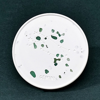 Twelve Constellations Plaster Coaster, with Green Aventurine Clips, Flat Round, Gemini, 100mm