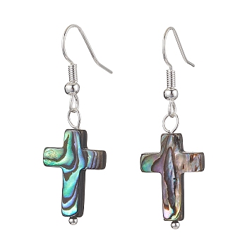 Natural Abalone Shell/Paua Shell Dangle Earring, with Iron Earring Hooks Finding, Silver, Cross, 41x13mm