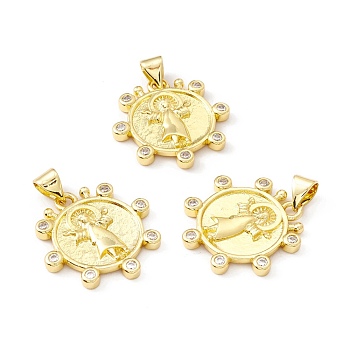 Rack Plating Brass Micro Pave Clear Cubic Zirconia Pendants, Long-Lasting Plated, Cadmium Free & Lead Free, Flower with Virgin Mary, Real 18K Gold Plated, 21x2.5mm, Hole: 4x3.5mm