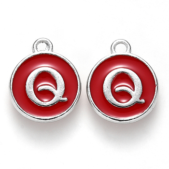 Platinum Plated Alloy Enamel Charms, Cadmium Free & Lead Free, Enamelled Sequins, Flat Round with Letter, Letter.Q, 14x12x2mm, Hole: 1.5mm