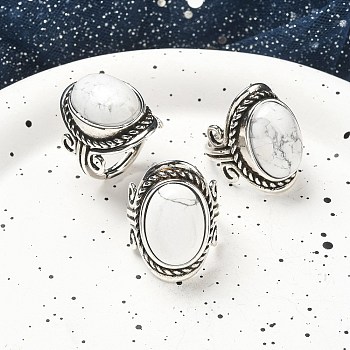 Natural Howlite Adjustable Rings, Lead Free & Cadmium Free, Antique Silver Plated Brass Finger Rings for Women, Oval, 27mm, Inner Diameter: 17mm