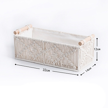 Handmade Woven Cotton Macrame Storage Basket, with Wooden Bar, Rectangle Storage Box, White, 320x120x140mm