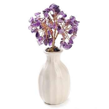 Natural Amethyst Chips Money Tree Decorations, Porcelain Vase Base with Copper Wire Feng Shui Energy Stone Gift for Home Office Desktop Decoration, 48~62x140mm