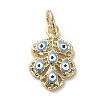 Brass Enamel Pendants, with Jump Ring, Real 18K Gold Plated, Leaf with Evil Eye Charm, Steel Blue, 17x11.5x3.2mm, Hole: 3.8mm