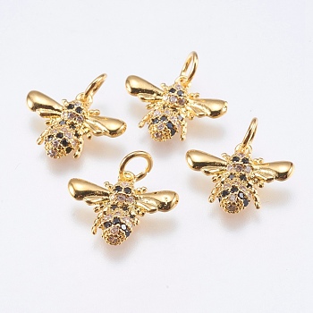 Brass Micro Pave Cubic Zirconia Pendants, Cadmium Free & Lead Free, Insects, Real 18K Gold Plated, 11x15x2mm, Hole: 3mm