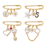 4Pcs 4 Style Flower & Heart & Number 5 Enamel Charms Safety Pin Brooches, Golden Iron Lapel Pins for Backpack Clothes, Mixed Color, 28~42x50~55mm, 1Pc/style(JEWB-BC0001-09)