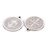 Non-Tarnish 201 Stainless Steel Etched Pendants, Laser Cut, Flat Round with Saint Benedict Medal, Stainless Steel Color, 19x17x1mm, Hole: 1.6mm(STAS-Q238-002)